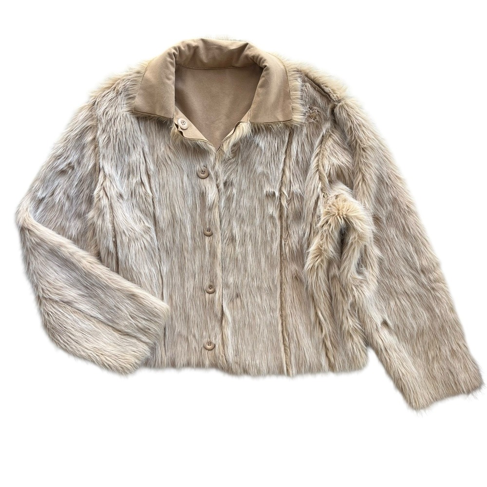 Womens Reversible Faux Fur Jacket Beige Taupe Suede Lined Button Front Luxurious